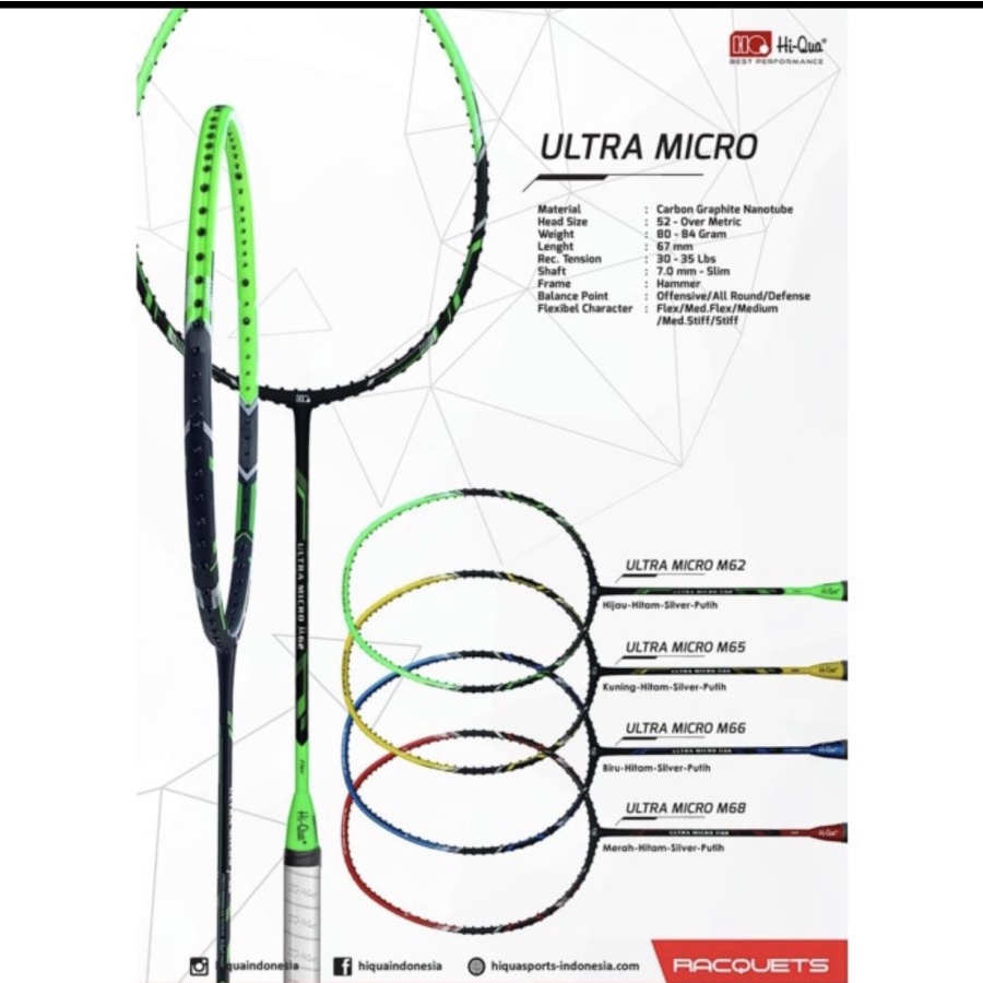 Raket Badminton HIQUA HQ ULTRA MICRO M62/M65/M66/M68 kuat 32 lbs ORI