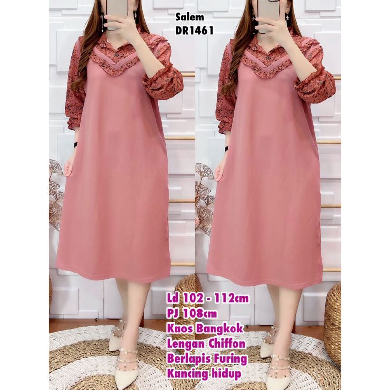 Dress Kaos Bangkok lengan Chiffon kancing hidup