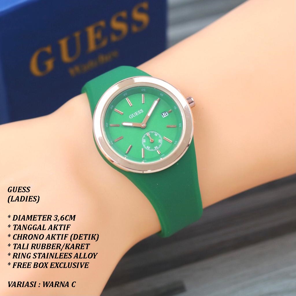 (FREE BOX) JAM TANGAN WANITA GUESS TALI RUBBER BODY BULAT TANGGAL &amp; CHRONO AKTIF