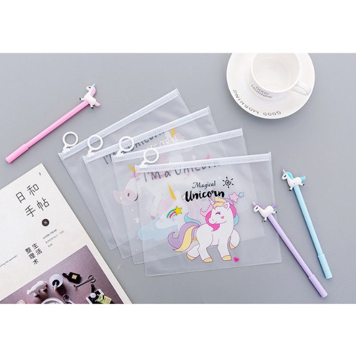 

pouch transparan unicorn-kantong ziplock-dompet kosmestik-tempat pensil unicorn-travel organzier