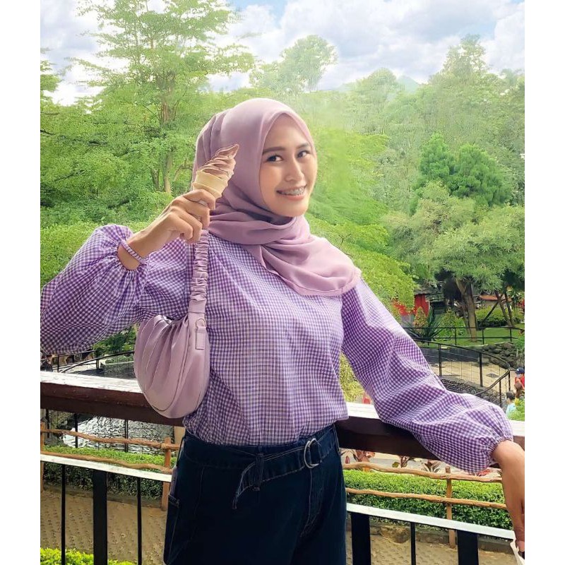 Blouse Wanita kotak Lilac Tangan Balon