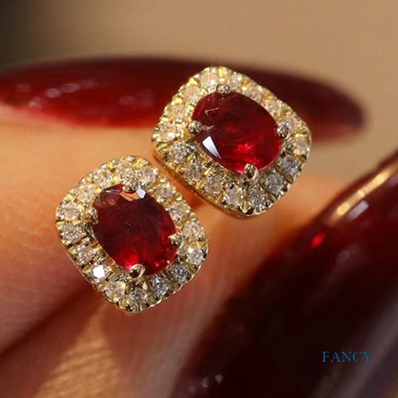 Anting Stud Cubic Zirconia Warna Merah Emas Serbaguna Untuk Wanita