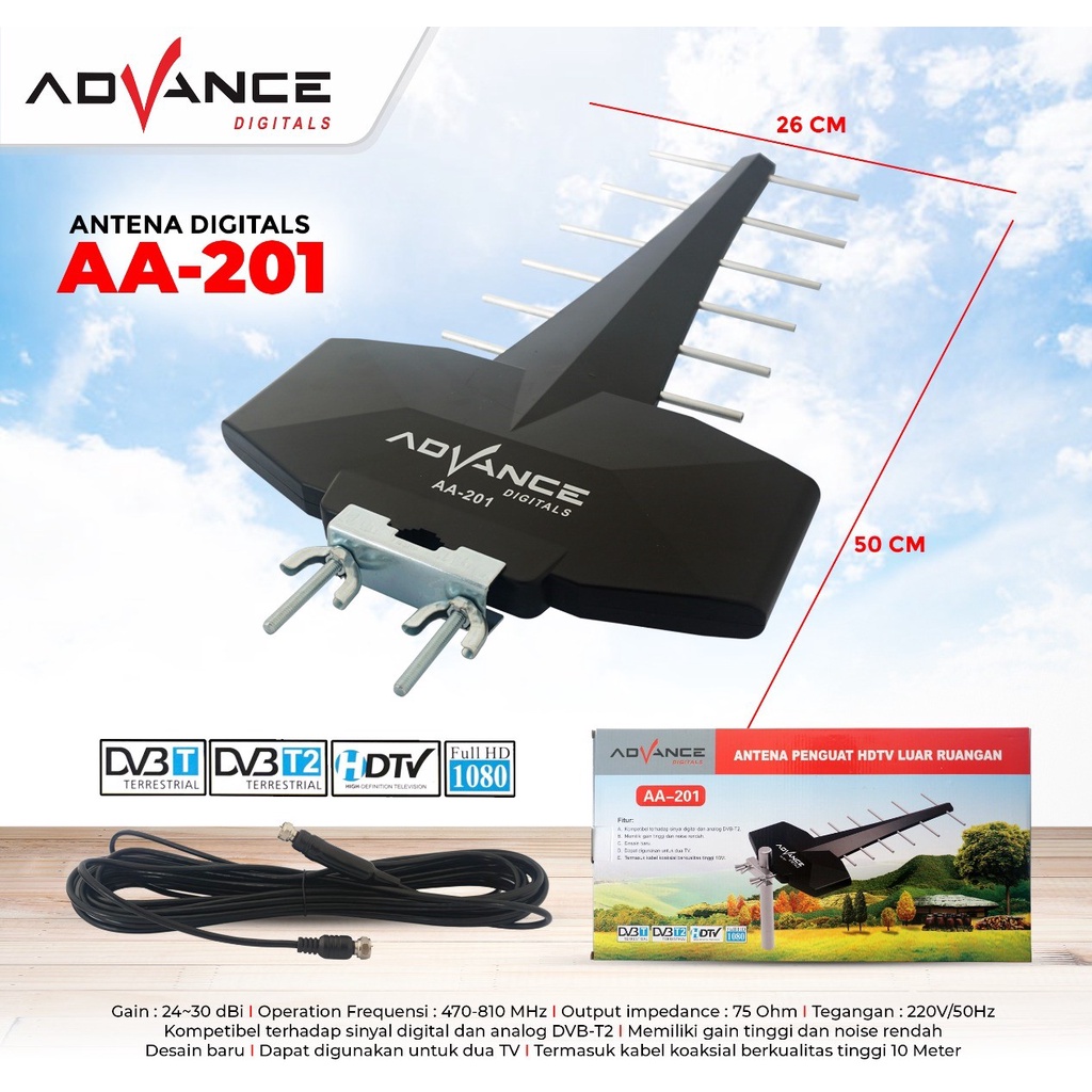 Advance Antena TV Digital Outdoor AA-201 Include Kabel 10M DVB-T2 / Antena HDTV Advance AA 201