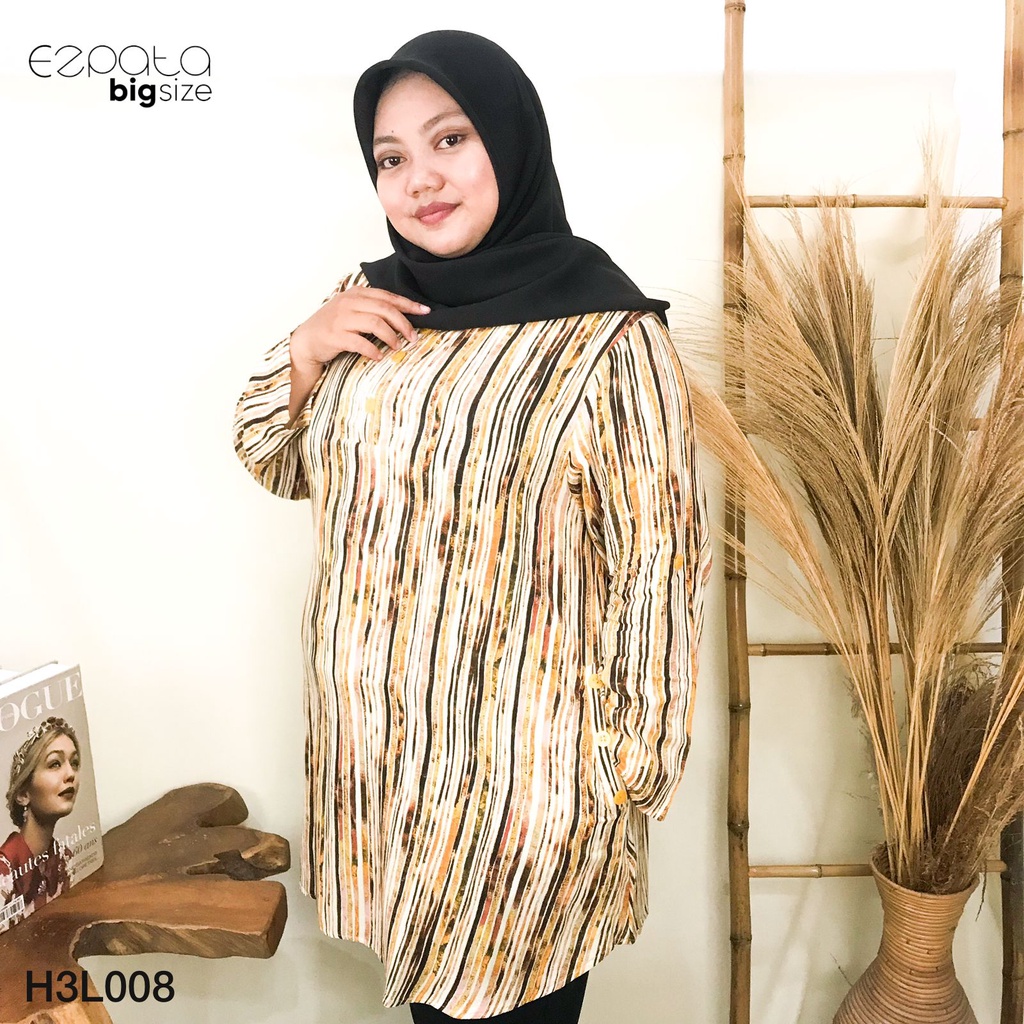 Ezpata Tunik Wanita Bigsize Jumbo Motif Stripes Kayu Garis-garis Kancing Busui Friendly Saku Bahan Rayon Terbaru Termurah