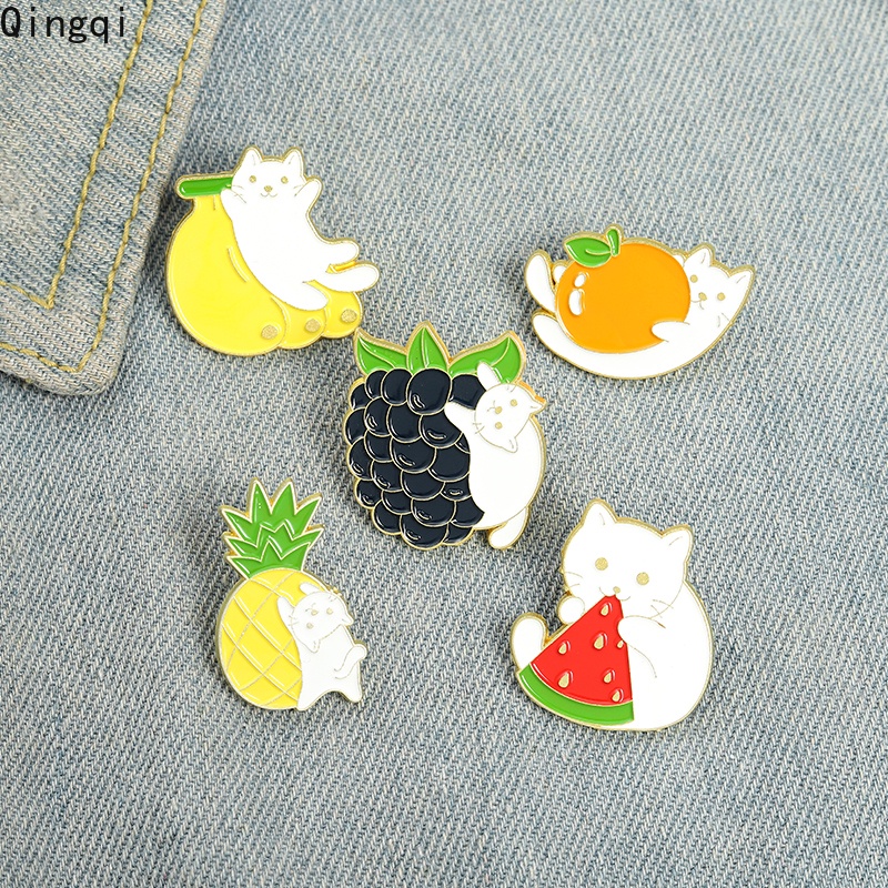Bros Pin Enamel Desain Kartun Buah Jeruk Anggur Semangka Pisang Nanas Kucing Untuk Pakaian Tas
