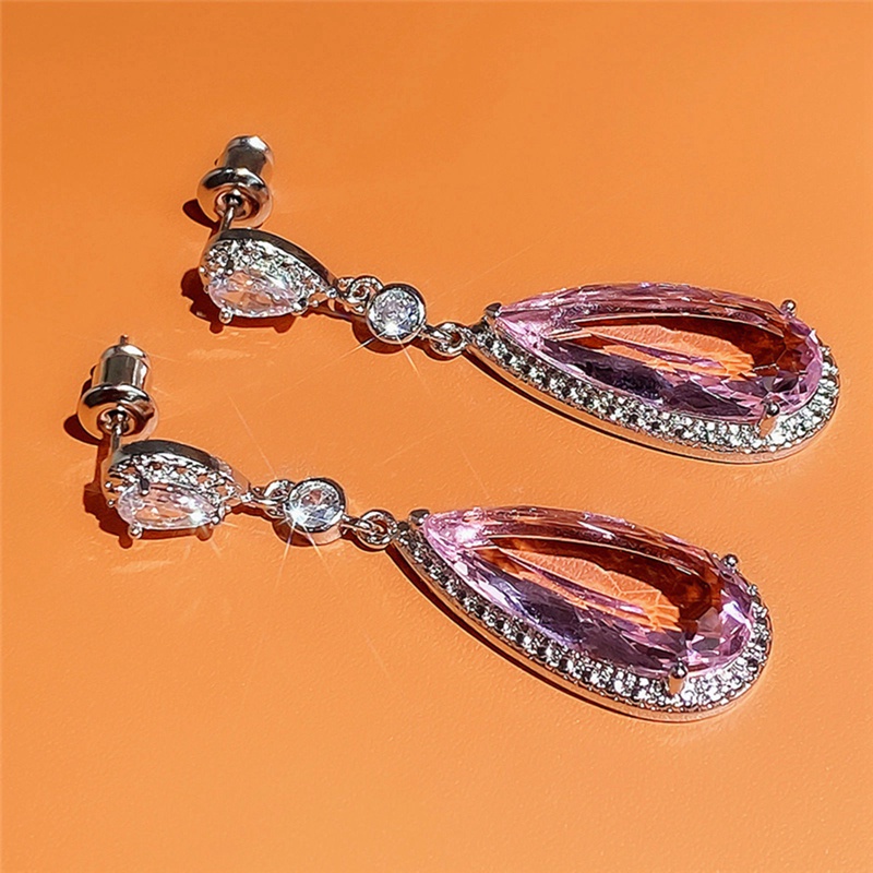 Anting Tusuk Gantung Hias Cubic Zirconia Warna Pink Gaya Mewah Untuk Wanita
