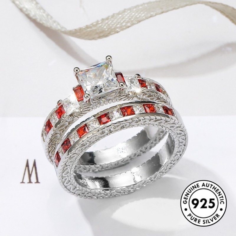 Set Cincin Sterling Silver 925 Dengan Batu Ruby Bentuk Kotak Untuk Wanita