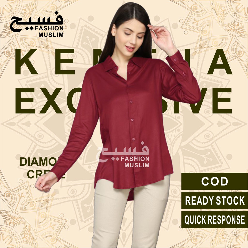 kemeja wanita polos lengan panjang basic kekinian hem cewek baju kantor slimfit simple terbaru murah-MAROON