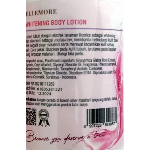 ELLEMORE Whitening Hand and Body Lotion Premium BEBAS PARABEN dengan NIACINAMIDE LICORICE EKSTRAK dan VITAMIN E  / ELLEMORE  Whitening Body Cream Bleaching , sepabrik dengan lotion A&amp;G