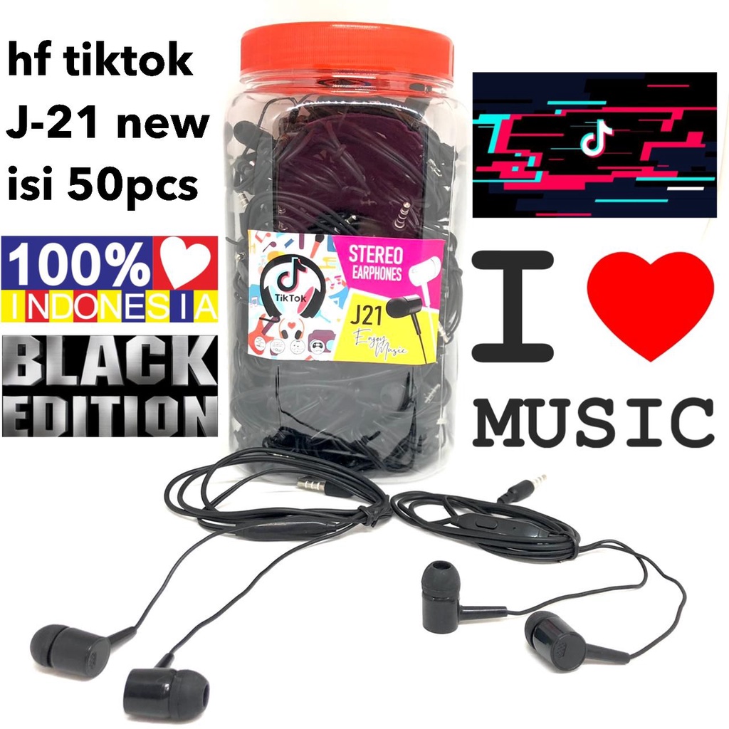 HANDSFREE TIKTOK EARPHONE SUPER BASS J-21 1 TOPLES 50PCS + MIC MURAH BLACK