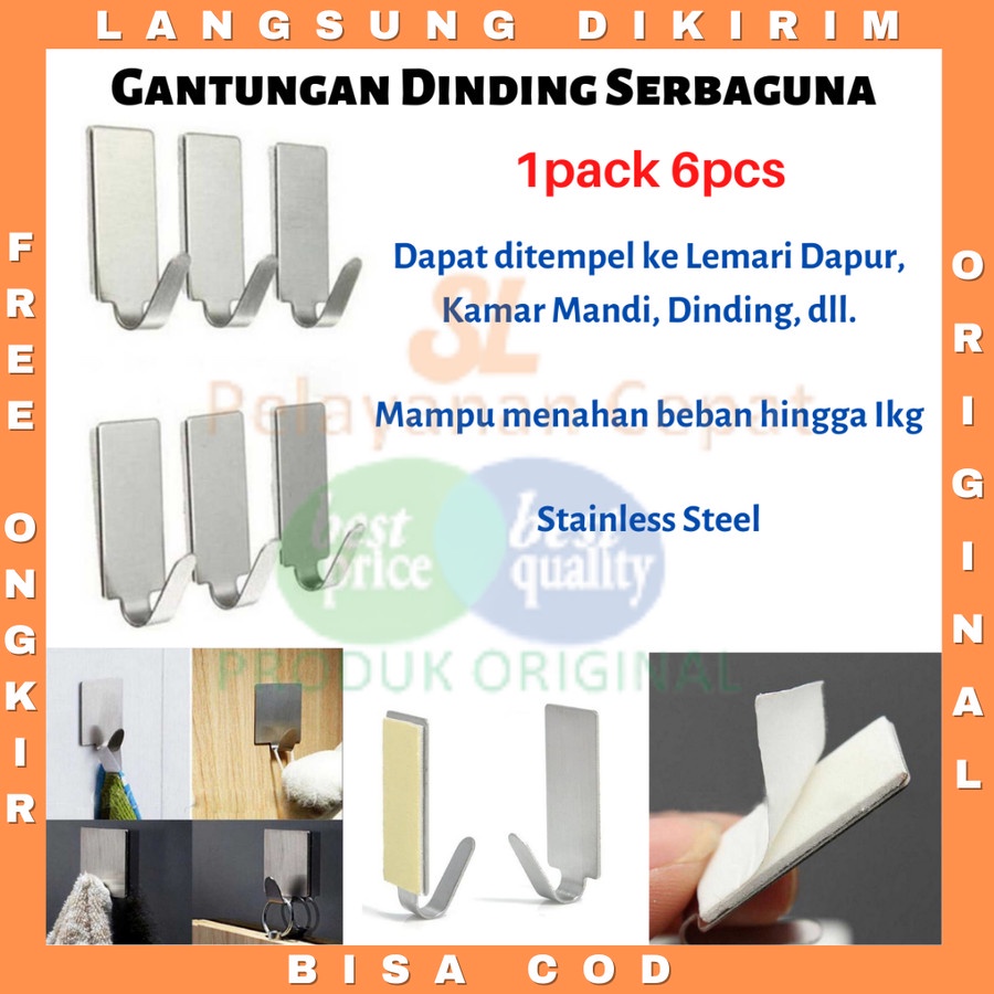 Gantungan Tempel Dinding  6 PCS Besi Pengait Holder Tempel Serbaguna Stainless Adhesive