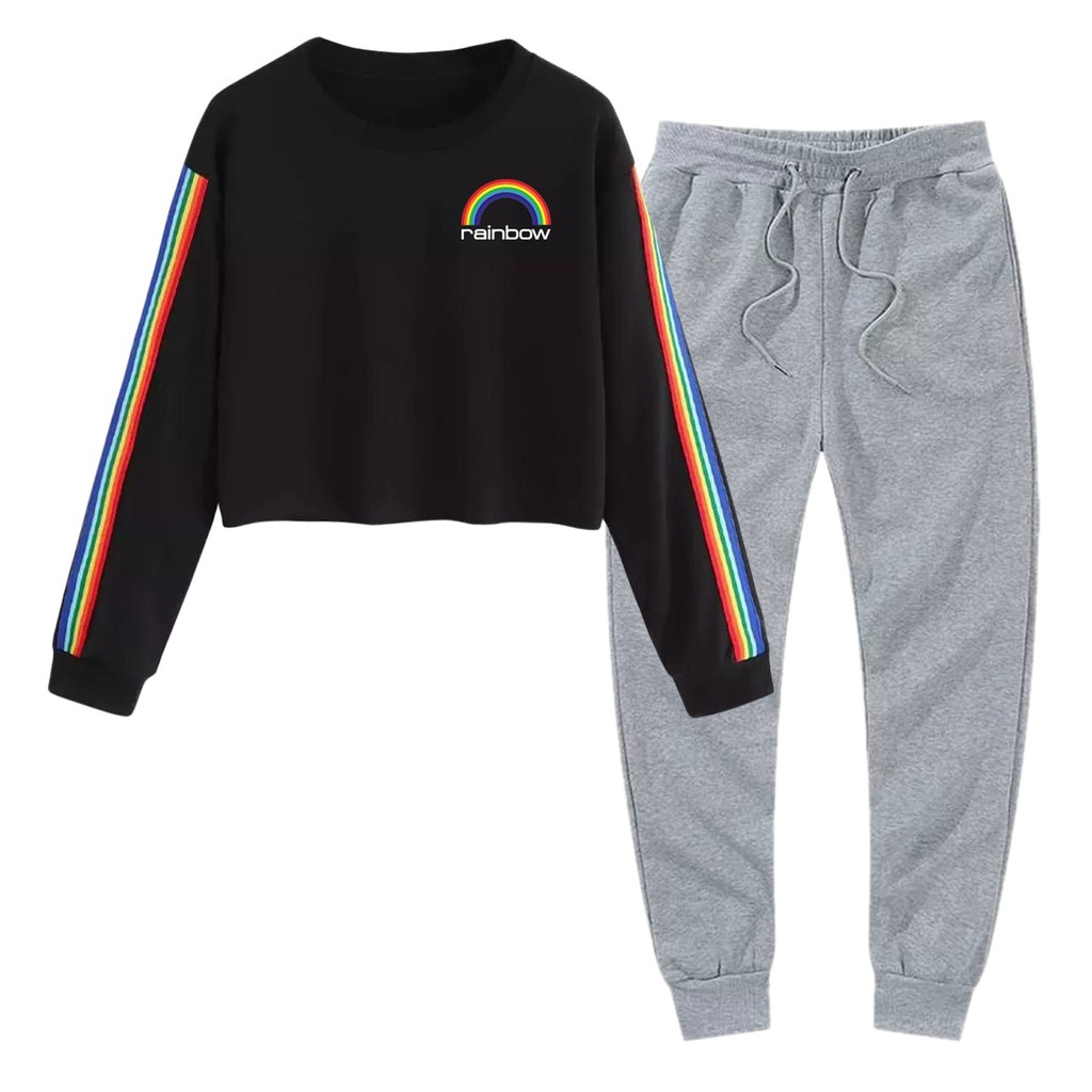 BESS - Baju Setelan Wanita Murah / Setelan Sweater Crop + Jogger Abu - RAINBOW