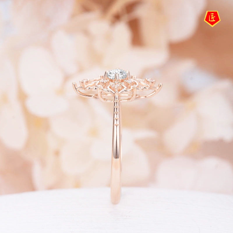 [Ready Stock]8K Gold Diamond Studded Hollow Flower Ring 925 Silver