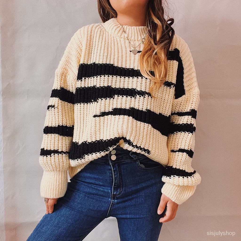#Sisjuly# Wanita Baru Longgar Leher Bulat Lengan Panjang Garis Tidak Teratur Sweater Warna Kontras S