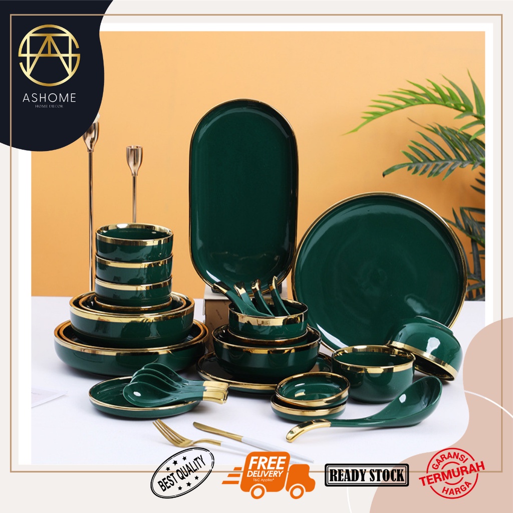 ASHOME Piring Makan Keramik Hijau Gold / Piring Emerald Keramik List Gold / Mangkuk Keramik Hijau Em
