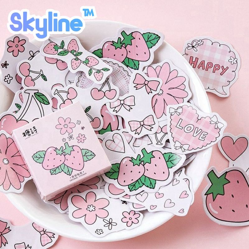 

Sticker Kiss Cut Scrap Book Journal Dengan Motif Pink Strawberry Isi 45Pcs