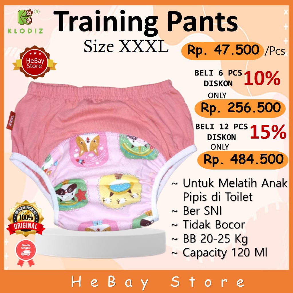 Clodi Klodiz Training Pant Size XXXL Jumbo BB 20-25 Kg Popok Kain Celana Dalam Bayi Popok Latihan Pi