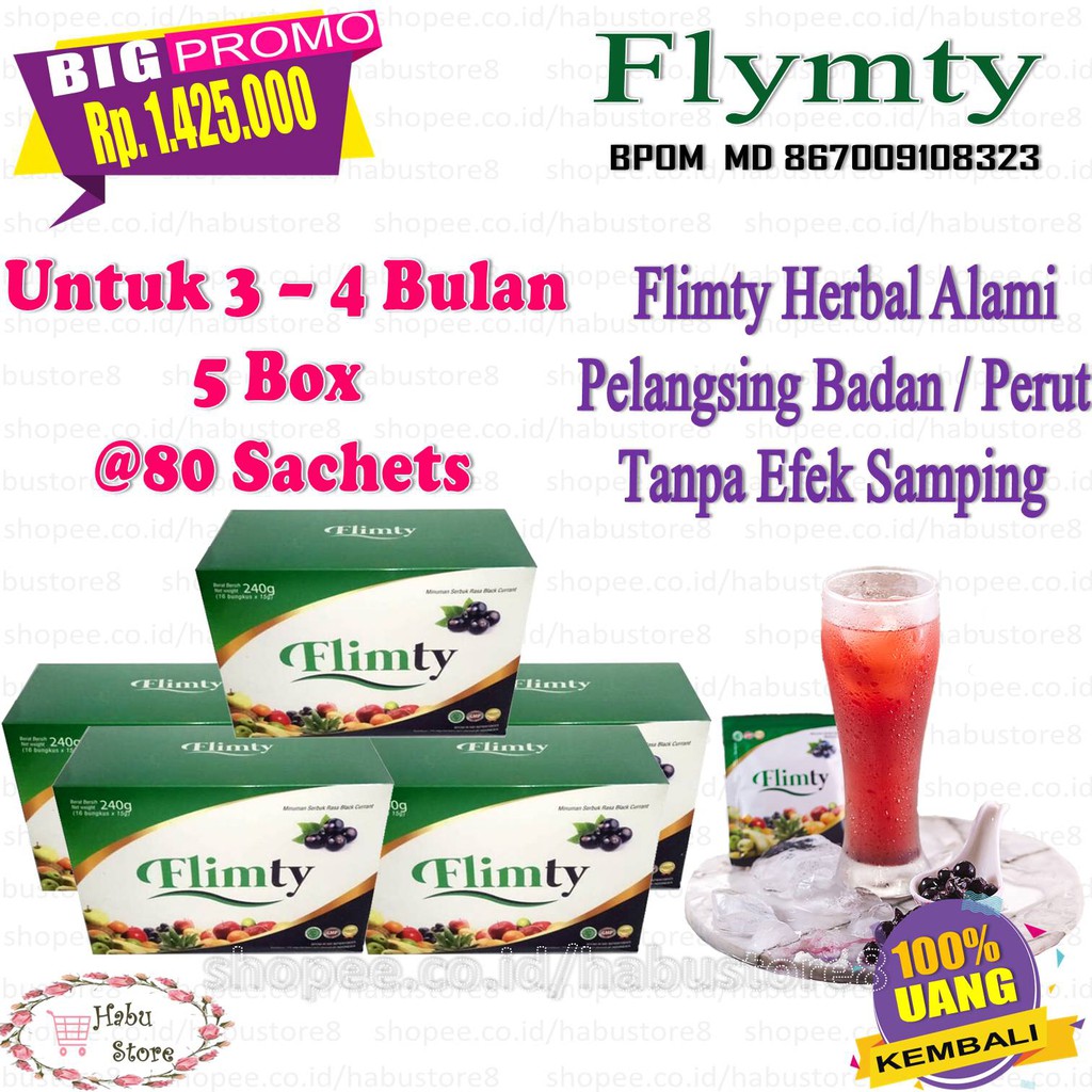 Obat Pelangsing Badan - Flimty Fiber Pelangsing 5 box Original BPOM- Minuman Diet Detox Pria Wanita