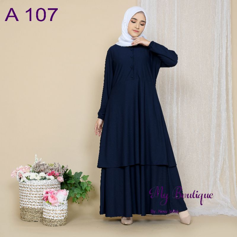 My Boutique Fashion Gamis A107 Navy Busui Friendly Kancing Malaysia Polos Stella Crepe Premium LD110
