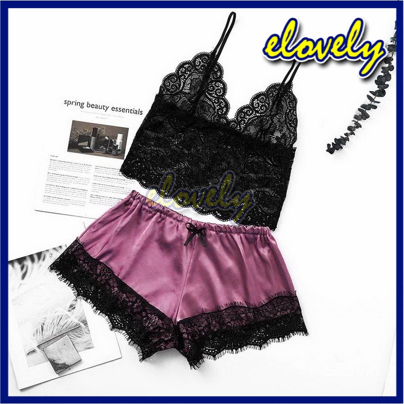 Elovely Lingerie Sexy Hot Pakaian Dalam Wanita Set Lingerie Celana Renda Seksi + Tank Top Set Baju Tidur Malam | L021-black purple