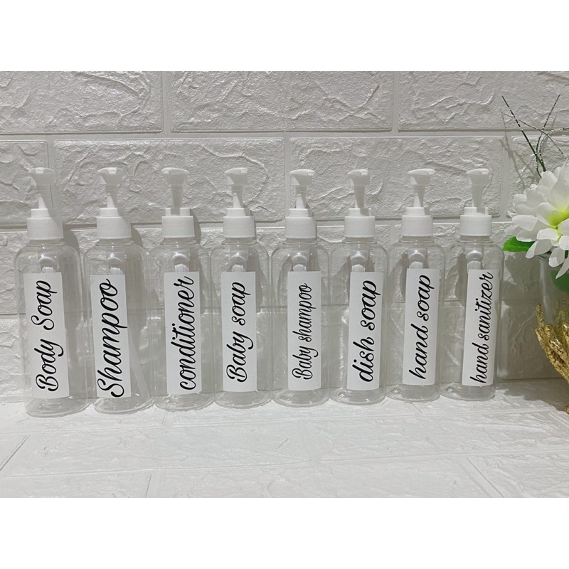 botol 250ml bening stiker putih. aesthetic bottle minimalist refill organizer tempat sabun cair pump estetik