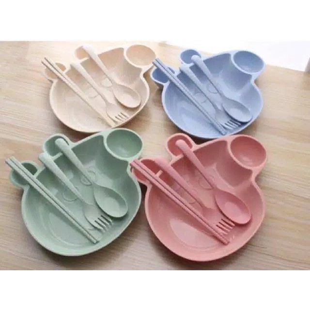 Piring Makan Set Anak Bentuk Piggy Wheat Straw /Mangkok Piring Set Anak Lucu