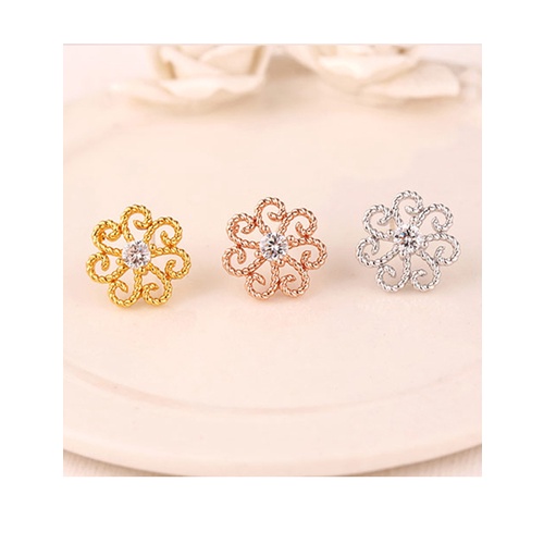 LRC Anting Tusuk Fashion Hollow Alloy Earrings With Diamond Flowers A61305