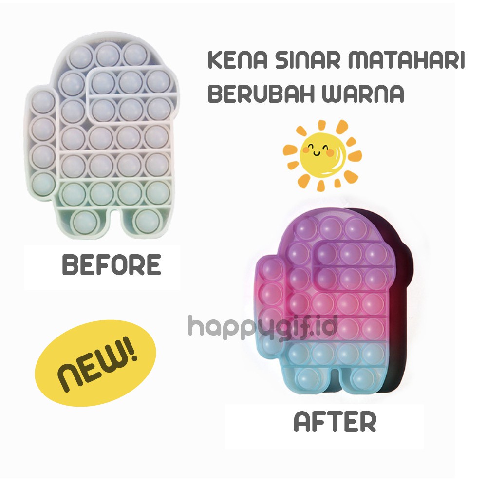 NEW UV EDITION!  BERUBAH WARNA WAKTU KENA UV / SINAR MATAHARI!  Decription:  Features: 1. Material：Silicone. Package include: 1 x Stress Reliever 2. This pop fidget is a great sensory tool you fidget with again and again. 3. Ever catch your children, or m