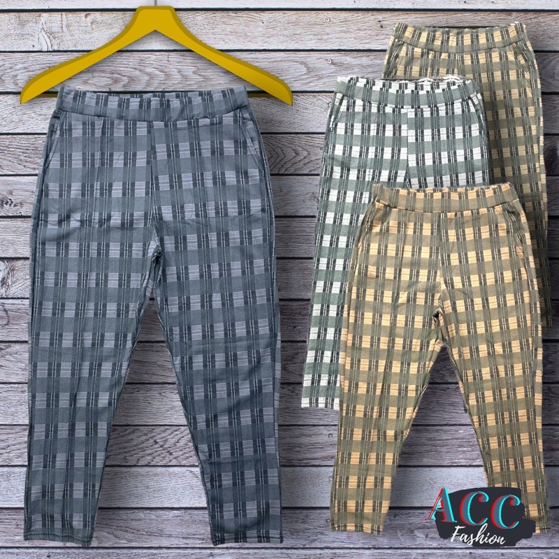 CELANA KOTAK KOTAK BIG SIZE JUMBO WANITA PINGGANG KARET BAHAN MELAR LEGGING TARTAN PANTS MODEL TERBARU SLIM FIT