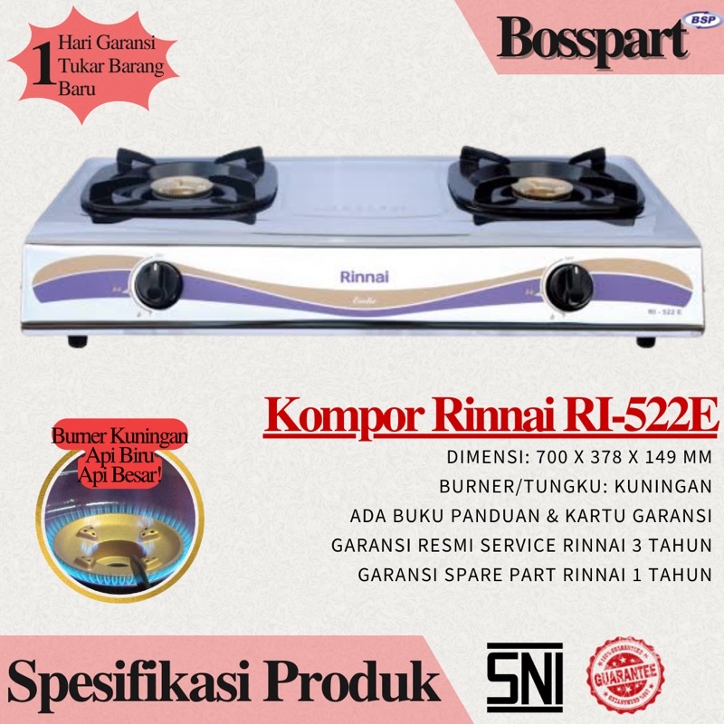 Paket Kompor Rinnai RI-522E bonus Selang Regulator Hitpro / Rinnai Kompor Gas 2 Tungku / Kompor Rinai Stainless steel