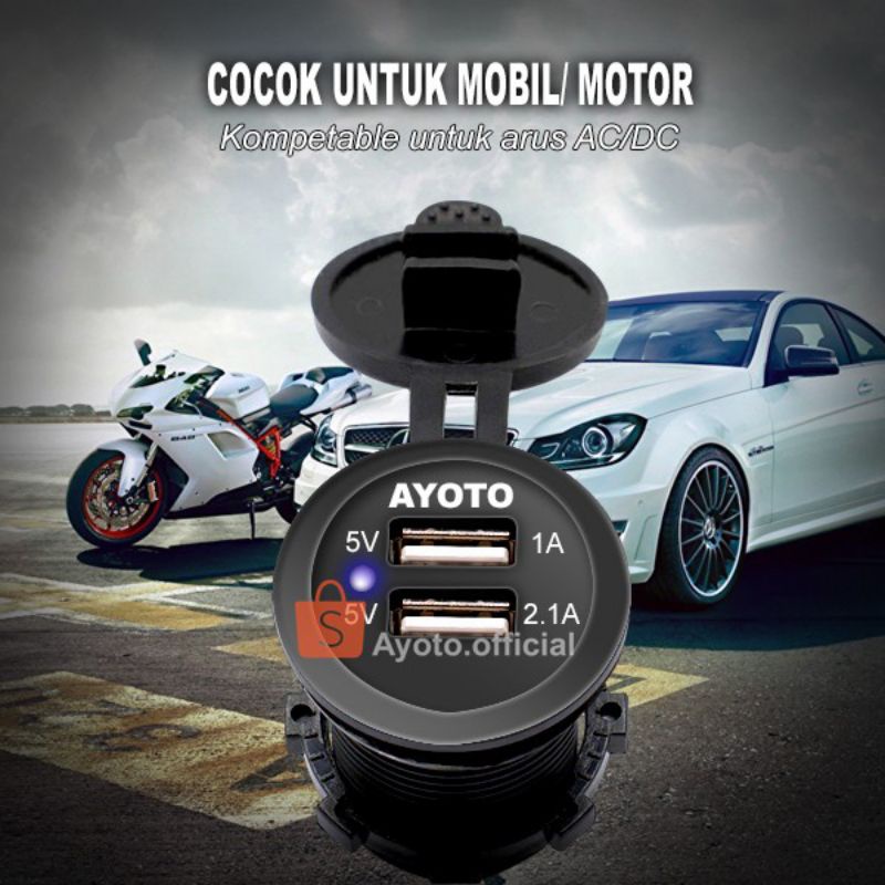 0Charger Motor Mobil AYOTO Dual USB Voltmeter LED Digital Waterproof motor/mobil