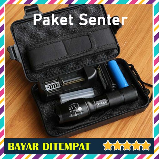 (COD) Paket Komplit Senter LED Cree XM-L2 8000 lumens + Baterai 18650 + Charger / Senter Anti Air