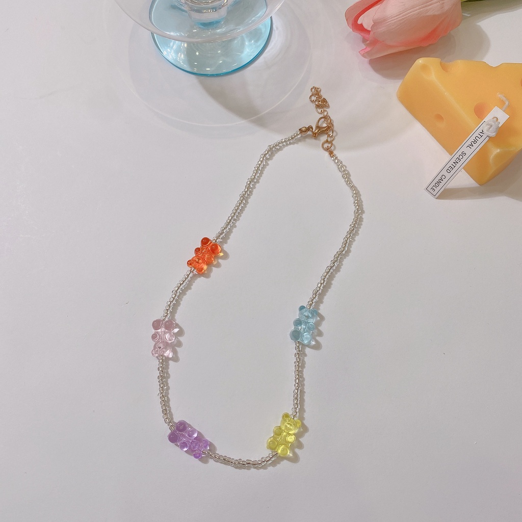 Cute Jelly Bear Rice Bead Necklace Crystal Color Clavicle Chain