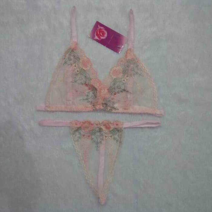 Cuci Gudang Bra Set Wanita Sexy Transparan Pink Bunga Mawar 8358