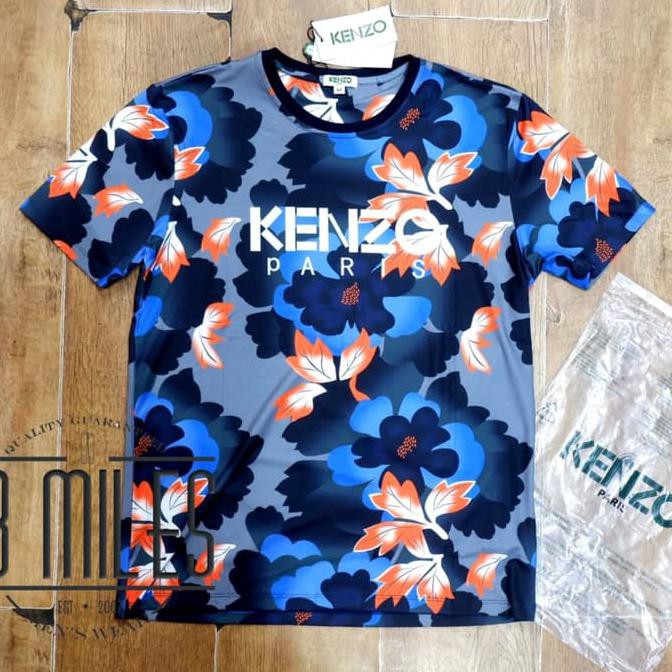 Kualitas Terbaik kaos oblong KENZO INDONESIAN FLOWER printed mirror quality UNISEX - Biru, M STOK