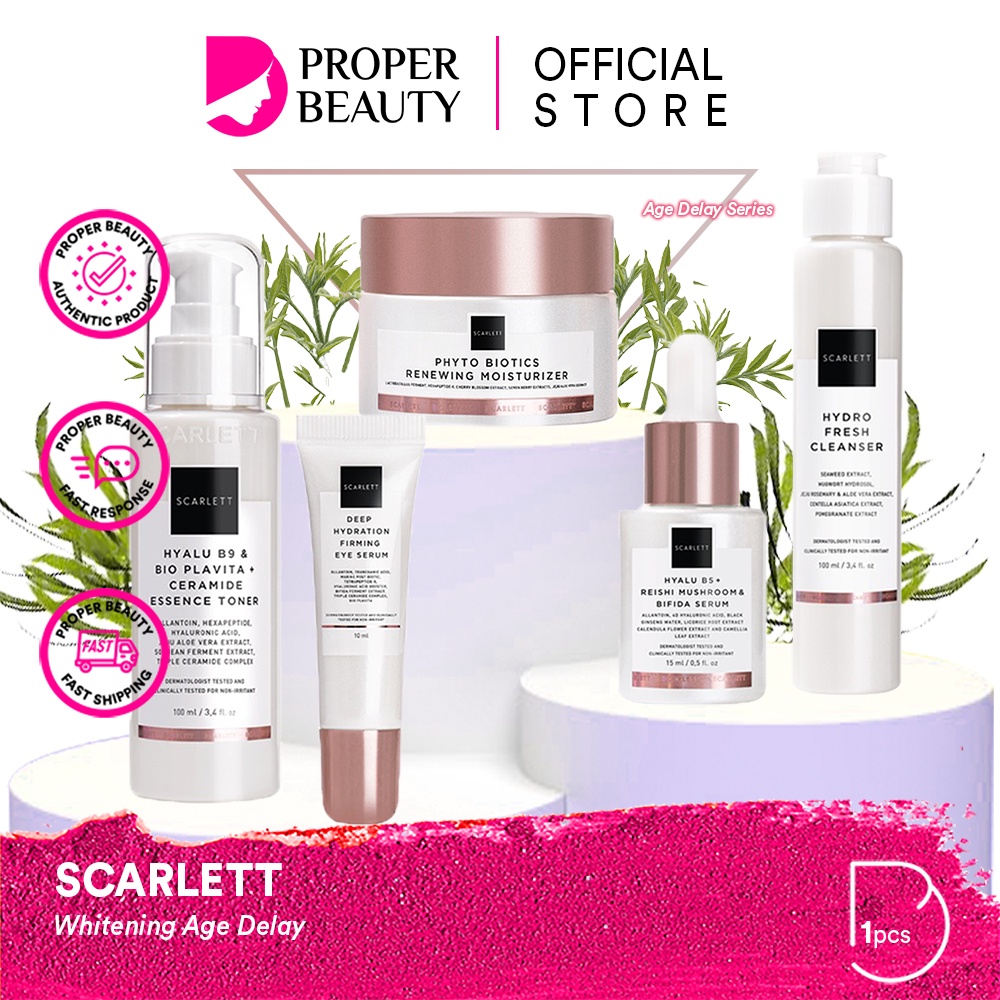 SCARLETT Whitening Age Delay Series Indonesia / Anti Aging Skincare Penuaan Dini Face Care Package Paket / Cleanser Facial Wash Essence Toner Serum Day Night Eye Cream Moisturizer Sunscreen Mask / Body Shower Scrub Lotion / Brightly Acne Set Lengkap Wajah