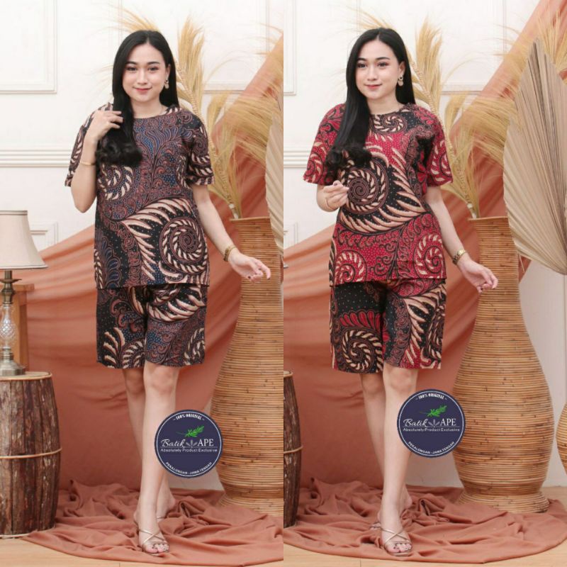 SET SETELAN BLOUSE LENGAN PENDEK CELANA PENDEK BATIK MOTIF SONGKET TENUN PRINT MODERN MURAH