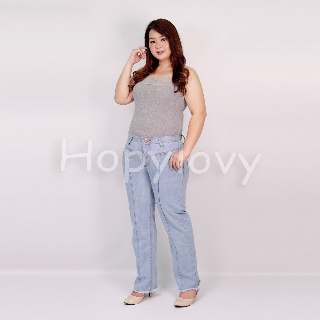 HOPYLOVY - Celana Boyfriend Jeans Ukuran Jumbo Wanita Unfinished Febiola