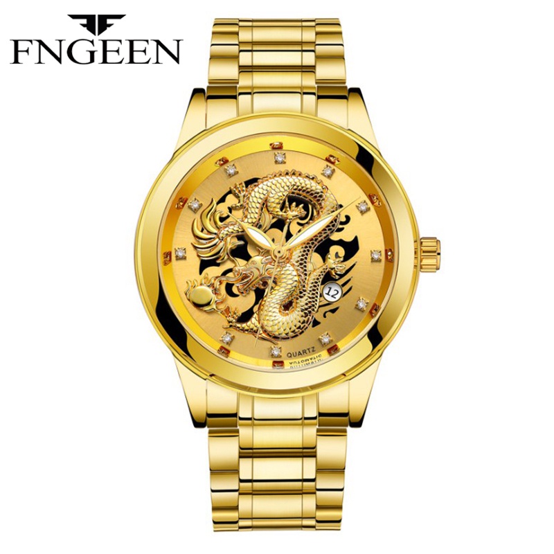 FNGEEN Jam Tangan Pria Naga Emas Luxury Stainless Steel Quartz Original Anti Air Dragon Gold Watch K