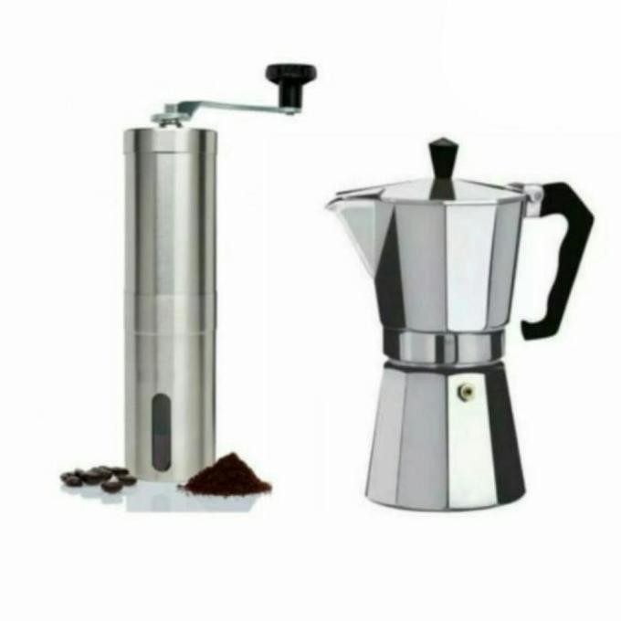 Paket Grinder Kopi + Moka Pot 12Cup Alat Seduh Kopi Manual <
