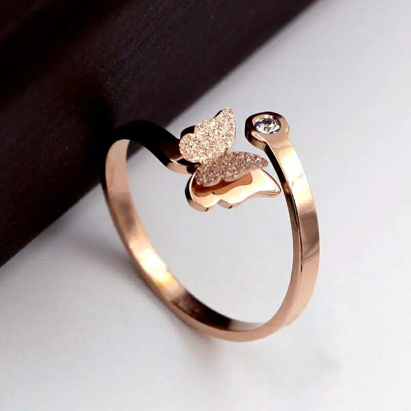 Fourfashion Cincin Bentuk Kupu-Kupu Bahan Titanium Steel Warna Rose Gold Gaya Korea Untuk Wanita