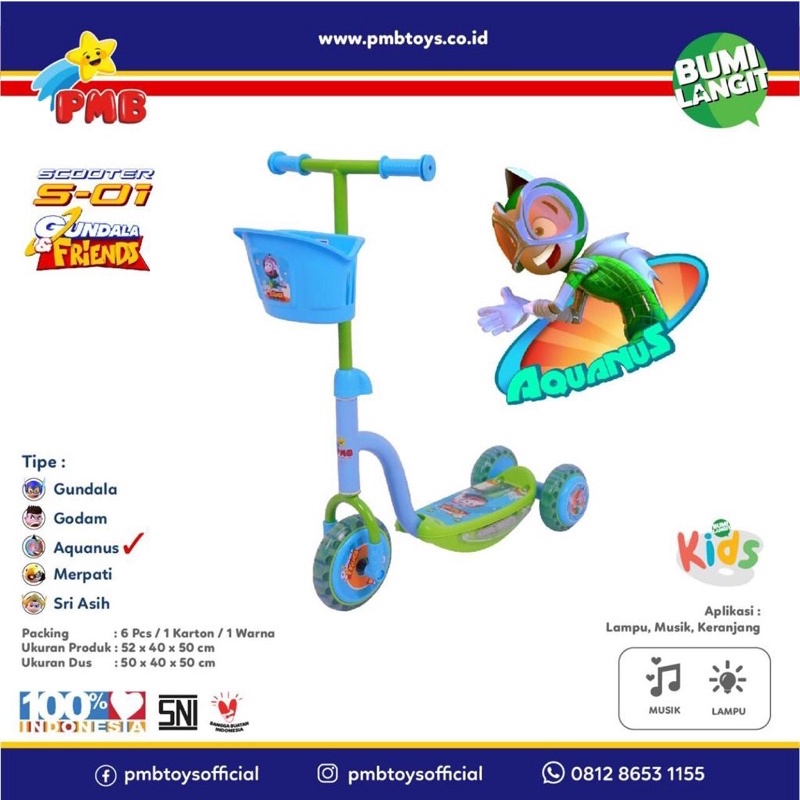 Skuter Anak PMB S-01 MUSIK LAMPU/ Scooter Anak Tiga Roda PMB S01 Gundala &amp; friends