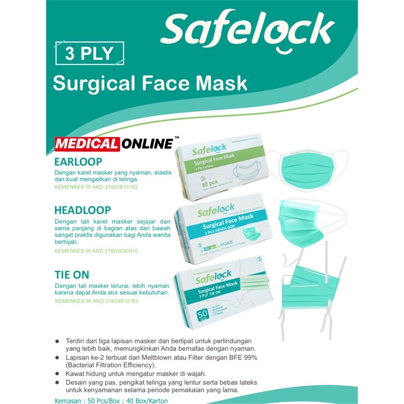 MASKER SAFELOCK 3PLY SURGICAL MASK MASKER MEDICAL ONLINE MEDICALONLINE
