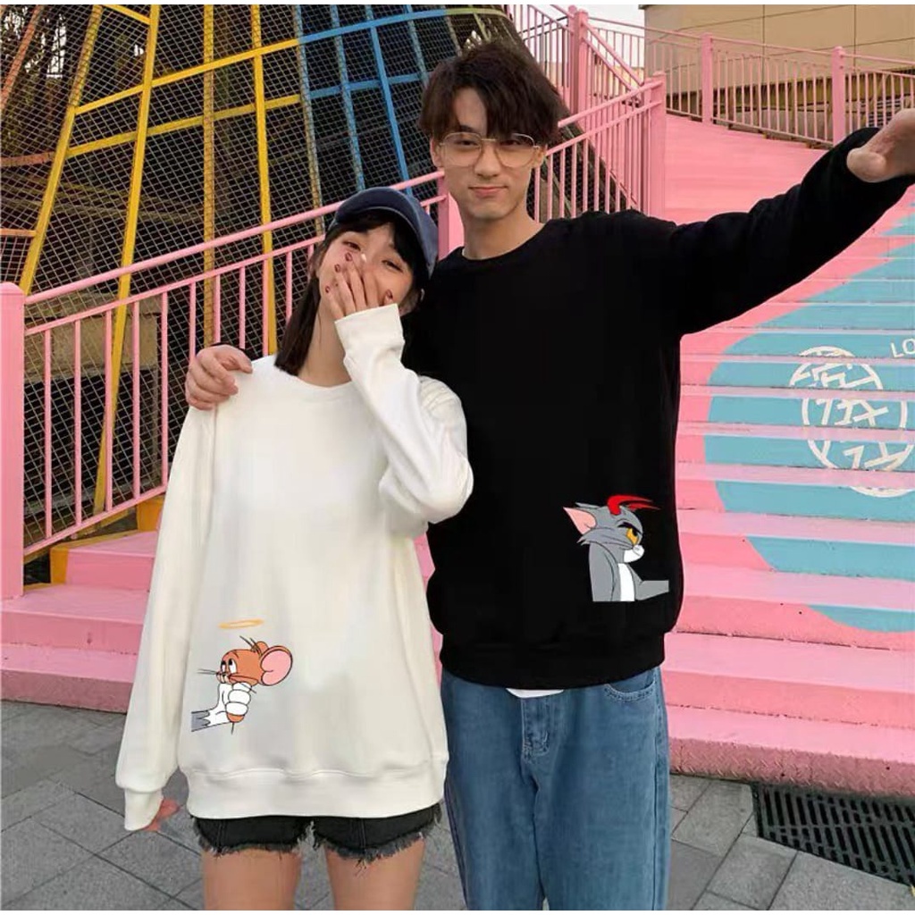 TOM AND JERRY SWEATER CREWNECK OBLONG BAHAN FLECEE - CARTOON SWEATER WANITA PRIA - SWEATER COUPLE