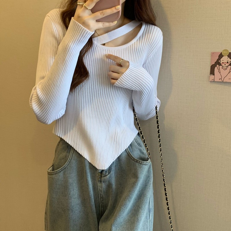 Knitwear Korea Rajut Wanita Crop Top Lengan Panjang Sweater Crop