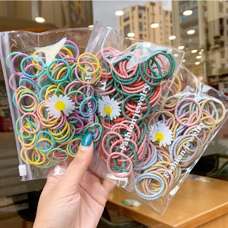 100PCS !!! Ikat Rambut Ponytail Free Pouch Daisy Flower