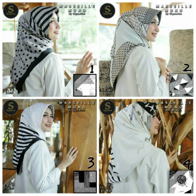 Hijab Jilbab Kerudung Segiempat Satin Khusus Black&White Marseille Mono Motif By Signarica