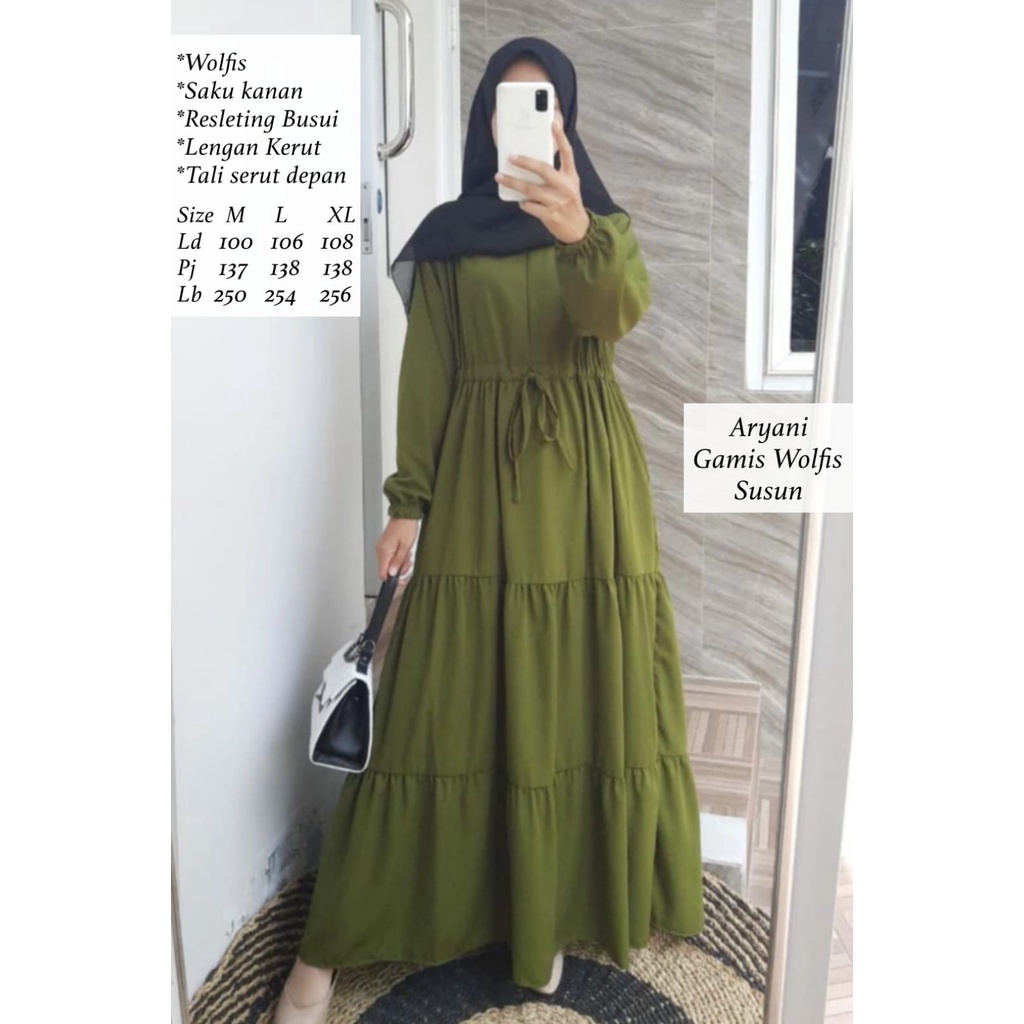 Gamis Wolfis Serut Susun terbaru dress Wolfis Polos Serut