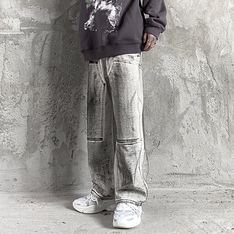 Celana Streetwear Pria Import Tie-dye Washed Loose Wide-leg Jeans Pants Men's High Street Zipper Kne