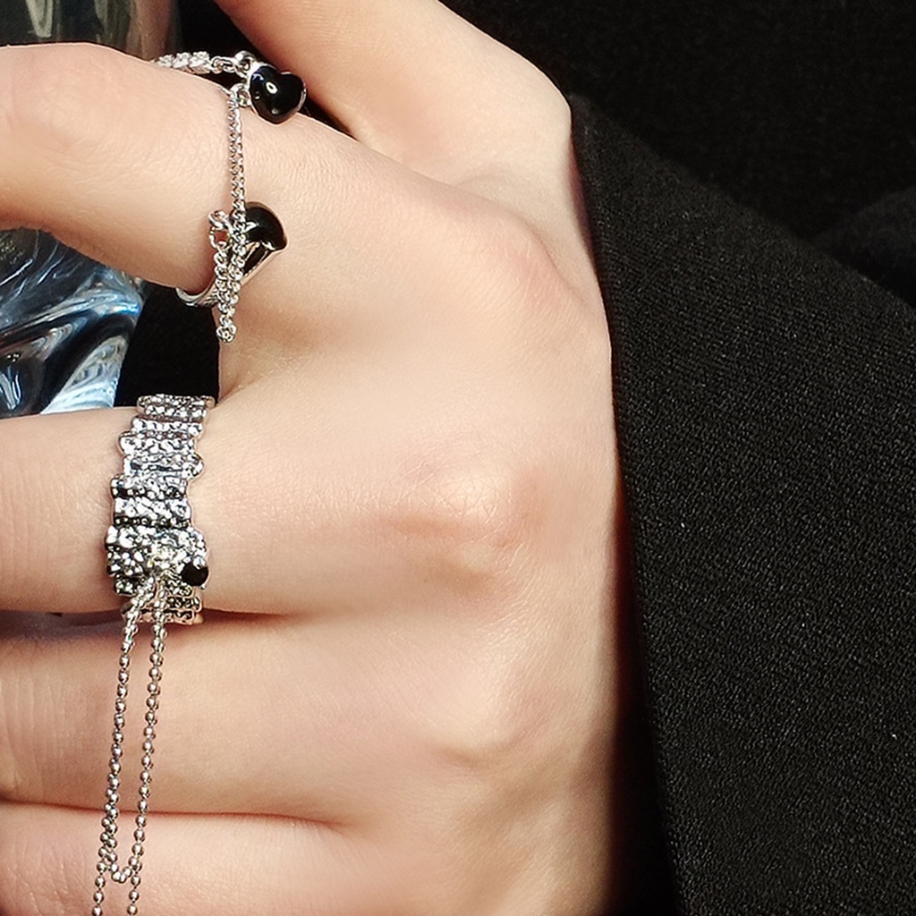 Hu Hu Hu Hu Hu Alat Bantu Pasang Kacamata♡ Cincin Model Terbuka Desain Rantai Rumbai Hias Berlian Imitasi Berkilau Adjustable Untuk Wanita